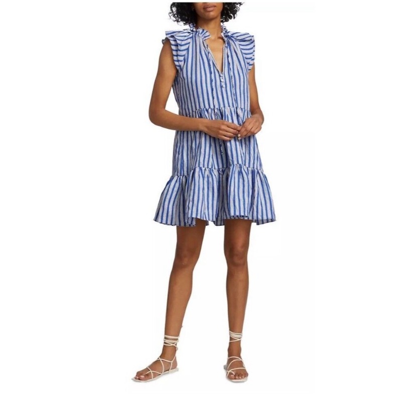 Veronica Beard || Zee Striped Tiered Mini Dress Linen Blend Cobalt Blue 4